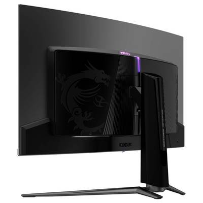 Herní monitor zezadu s zakřivenou obrazovkou, logem draka a RGB podsvícenými pásky. Štíhlý, stabilní stojan.