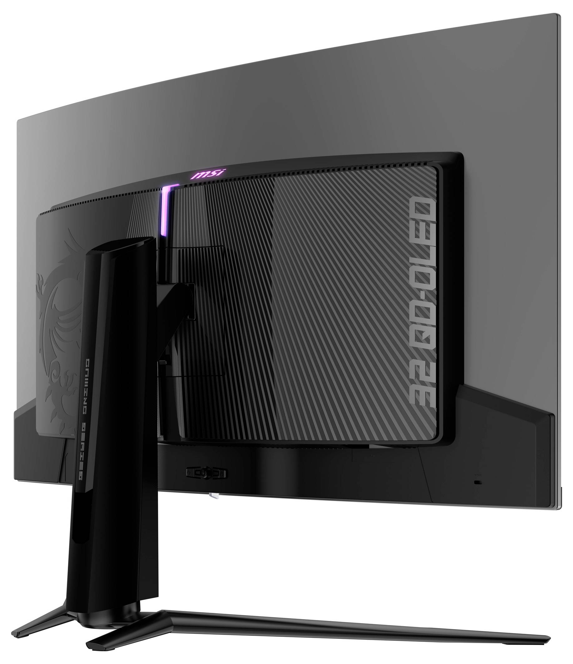 Pohled zezadu na moderní zakřivený počítačový monitor s elegantním stojanem. Obrazovka nezobrazuje žádný obsah.