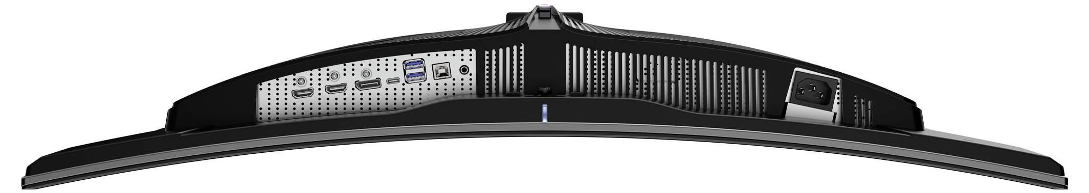 Pohled zezadu na zakřivený monitor s různými porty, včetně HDMI, USB a DisplayPort, typická oblast připojení.