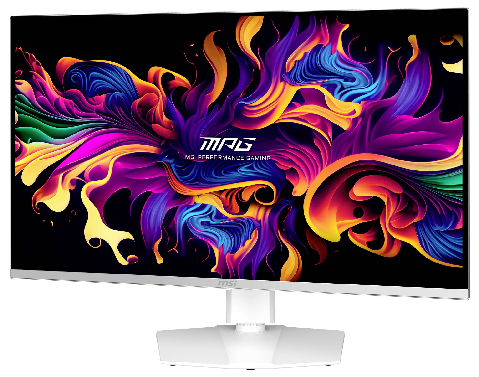 Počítačový monitor s barevným, abstraktním pozadím v živých barvách, který zobrazuje 'MSI Performance Gaming'.