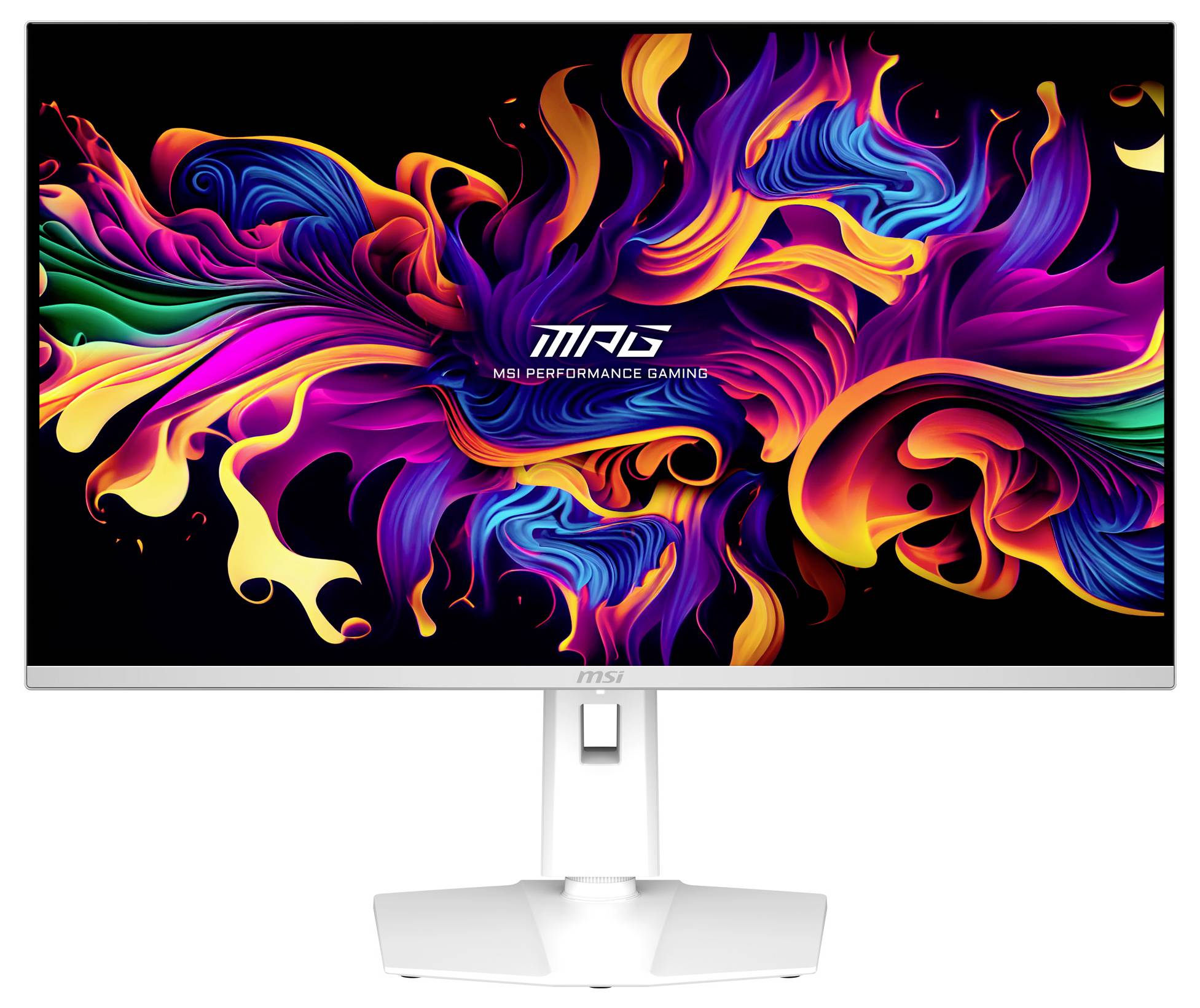 Počítačový monitor zobrazuje barevné, abstraktní designové motivy s vlnitými vzory v červené, modré, oranžové a růžové barvě.