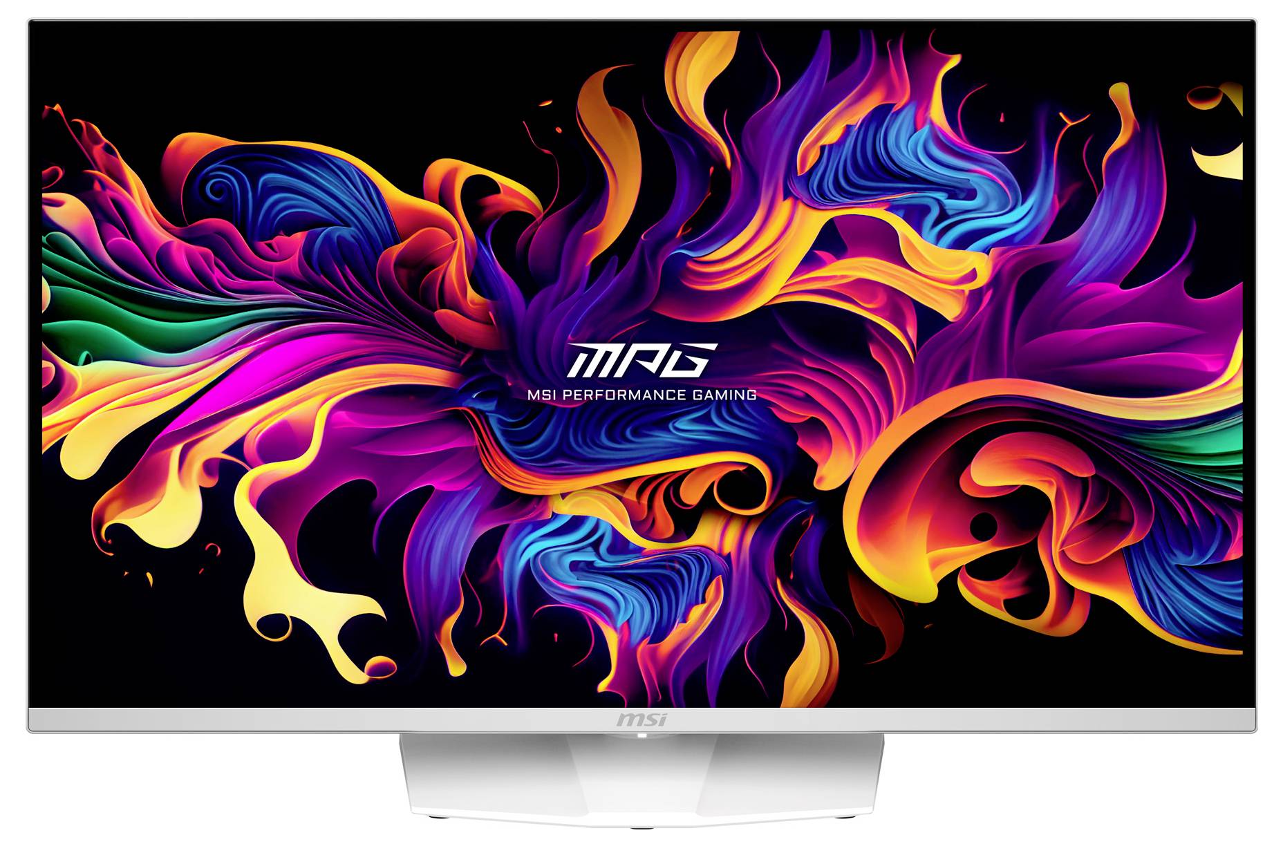 Monitor s barevnou abstraktní malbou na obrazovce a logem 'MPG MSI Performance Gaming' uprostřed.