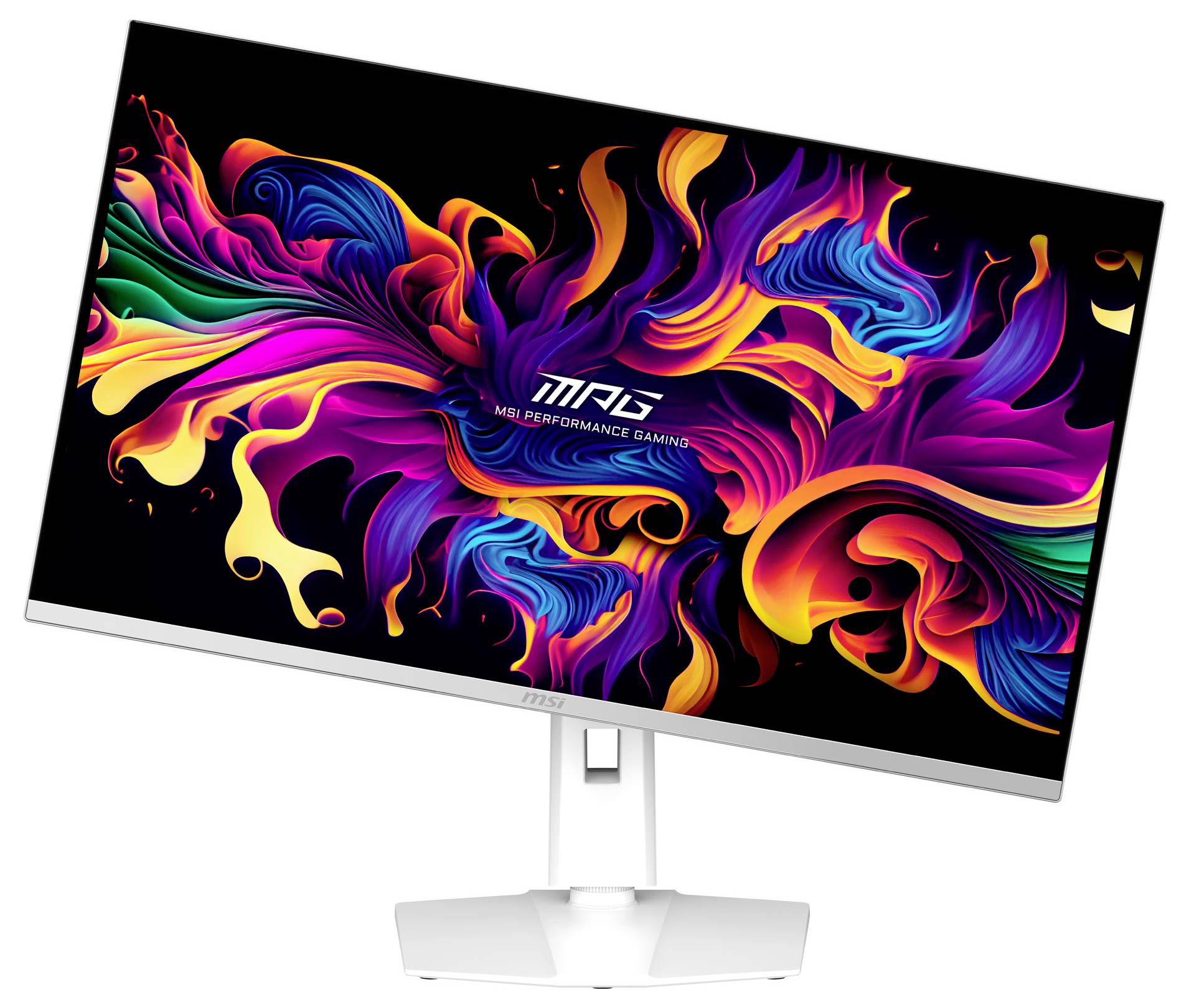 Monitor naklněný s jasným, barevným abstraktním uměleckým dílem na obrazovce prezentuje 'MSI PERFORMANCE GAMING'.