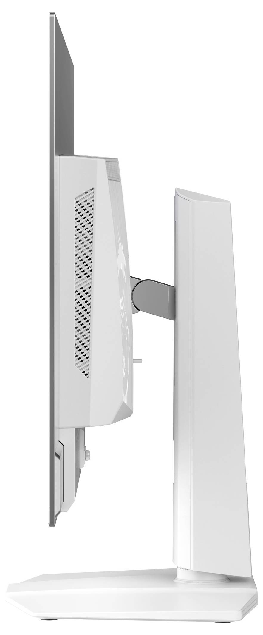 Boční pohled na moderní bílý počítačový monitor s elegantním designem a stabilní, pravoúhlou podstavou.
