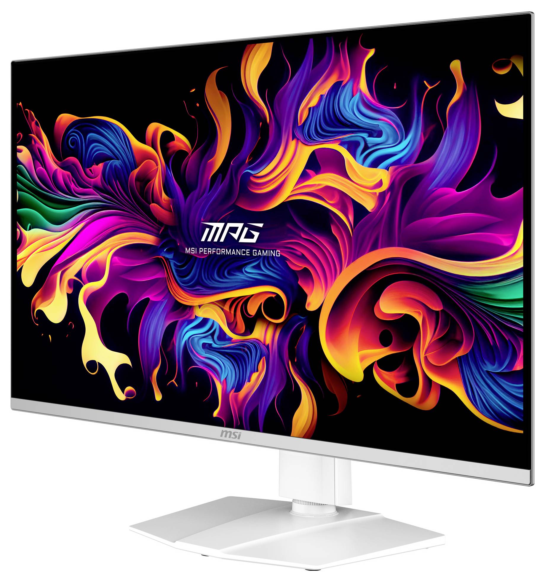 Monitor s barevným, abstraktním pozadím z jasných barev. Na displeji je nápis 'MAG Performance Gaming'.