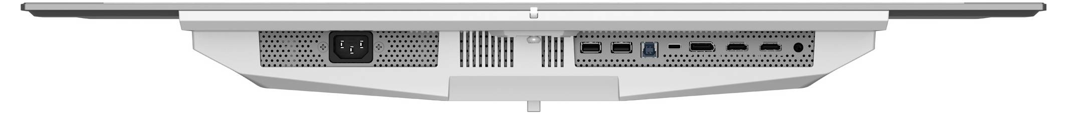 Zadní pohled na elektronické zařízení s různými konektory, včetně HDMI, USB a Ethernetového portu. Větrací štěrbiny jsou viditelné.