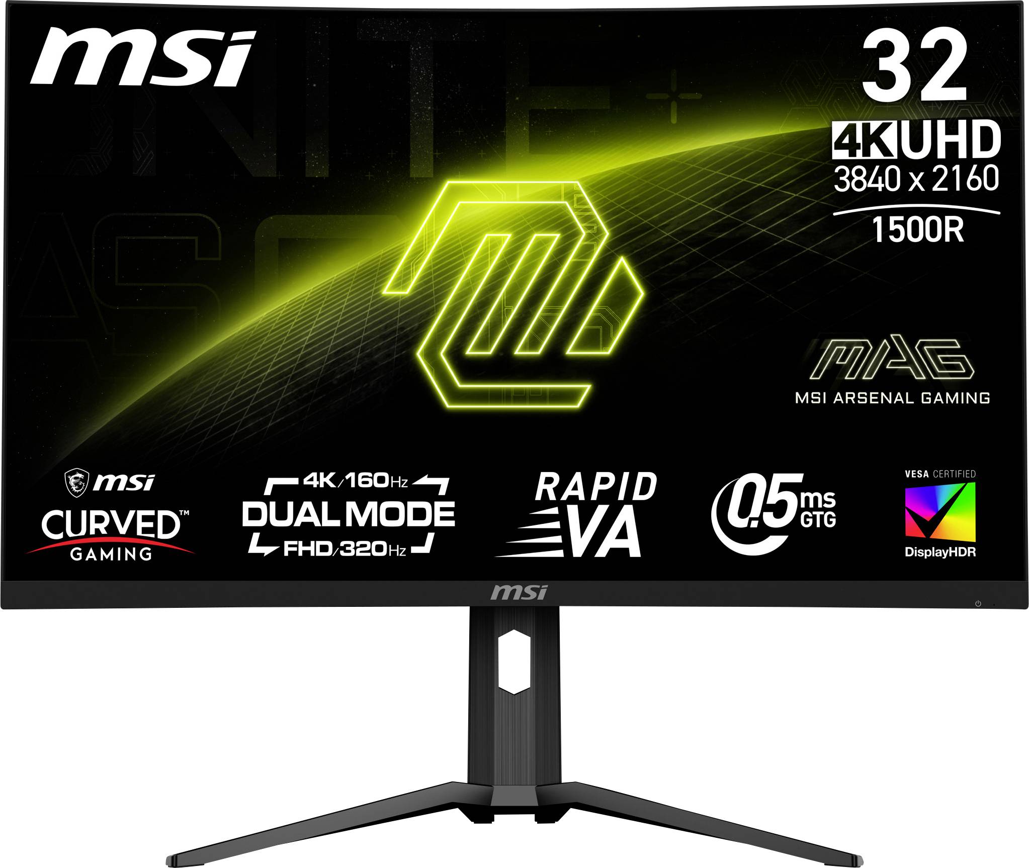 MSI 32palcový herní monitor 4K UHD s zakřivenou obrazovkou, odezvou 0,5 ms a podporou DisplayHDR.