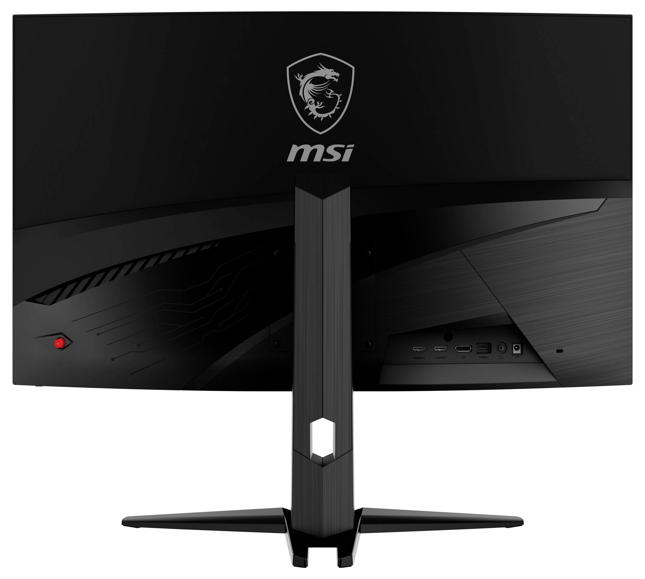 Zadní pohled na herní monitor s výrazným stojanem a připojovacími možnostmi, včetně HDMI a DisplayPort konektorů. Logo MSI je viditelné.