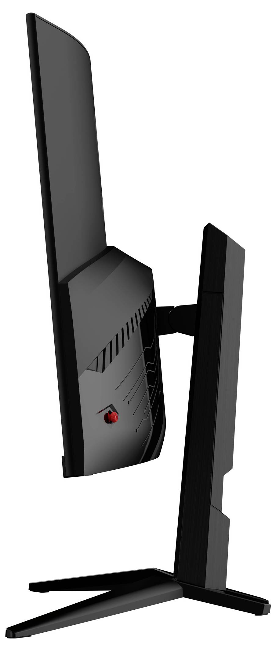 Boční pohled na štíhlý černý počítačový monitor na stabilní podstavě.