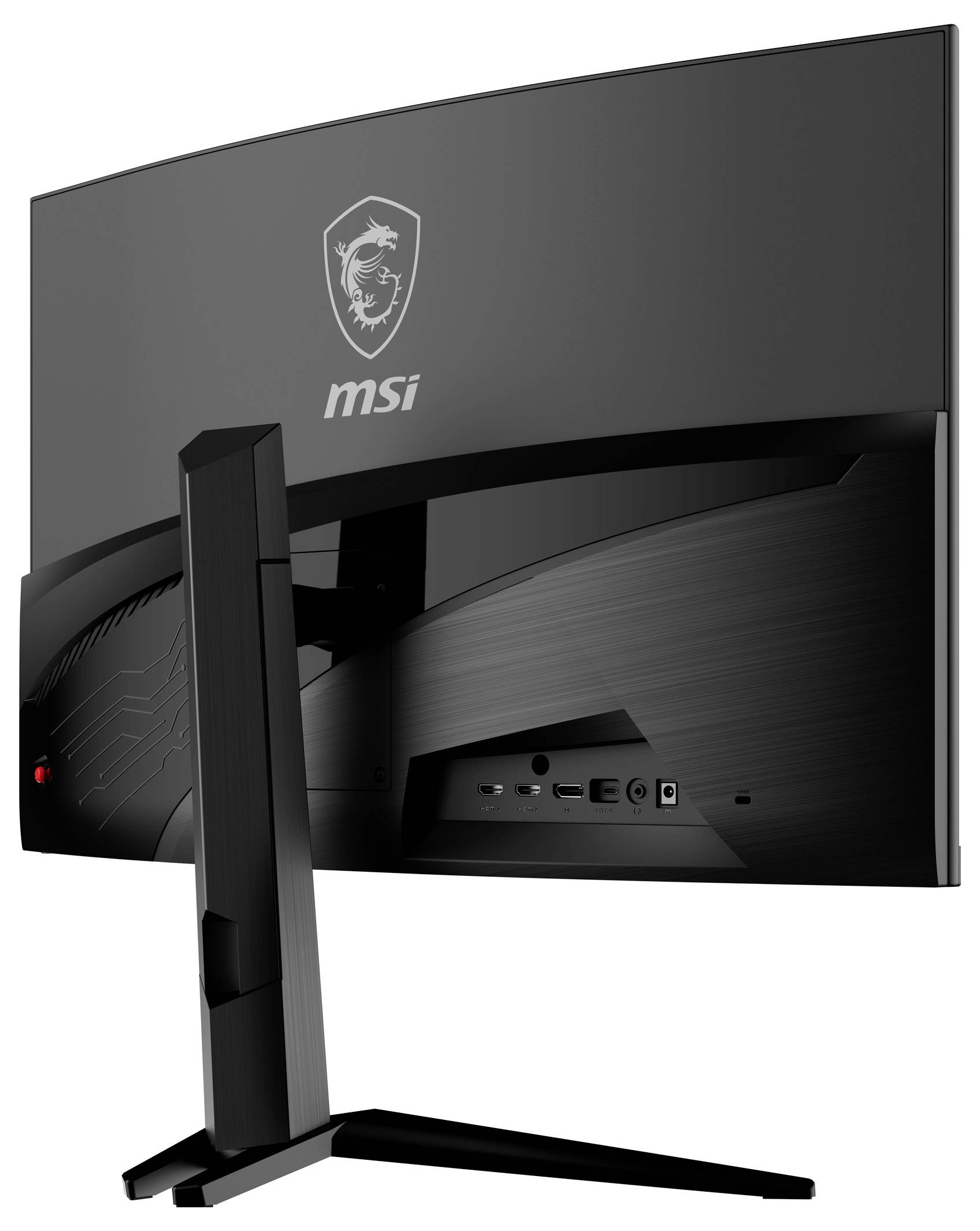 Černý monitor MSI pohledem zezadu, zobrazující firemní logo a konektory na zadní straně. Monitor je umístěn na stabilní podstavě.