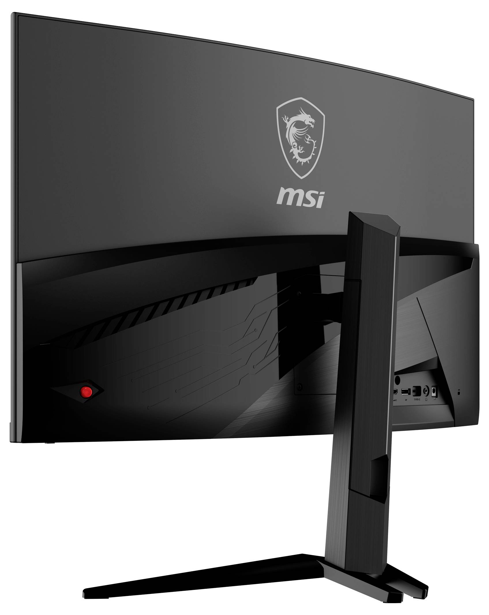 Zadní strana zakřiveného herního monitoru od MSI. Zobrazuje konektory a logo MSI.