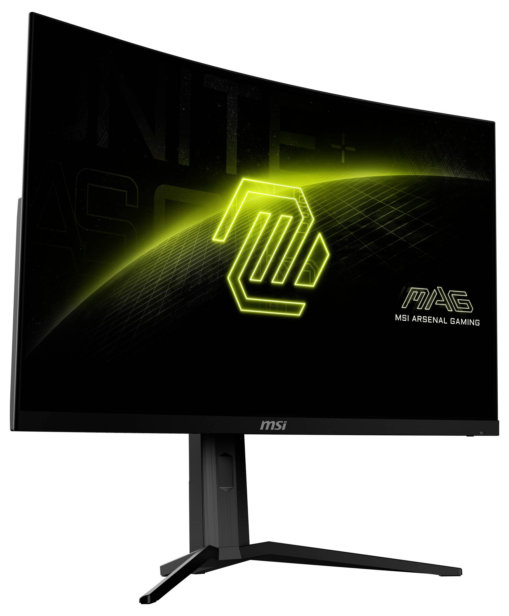 Zakřivený herní monitor od MSI. Na obrazovce svítí žluté logo s textem 'MAG MSI Arsenal Gaming'.