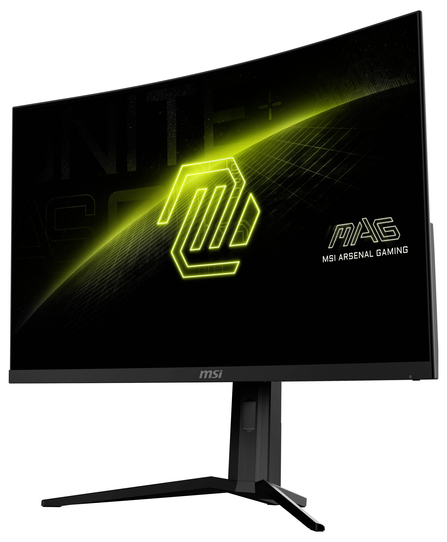 Zakřivený herní monitor MSI s nápisem 'MAG MSI Arsenal Gaming' a zářícím zeleným logem na obrazovce.