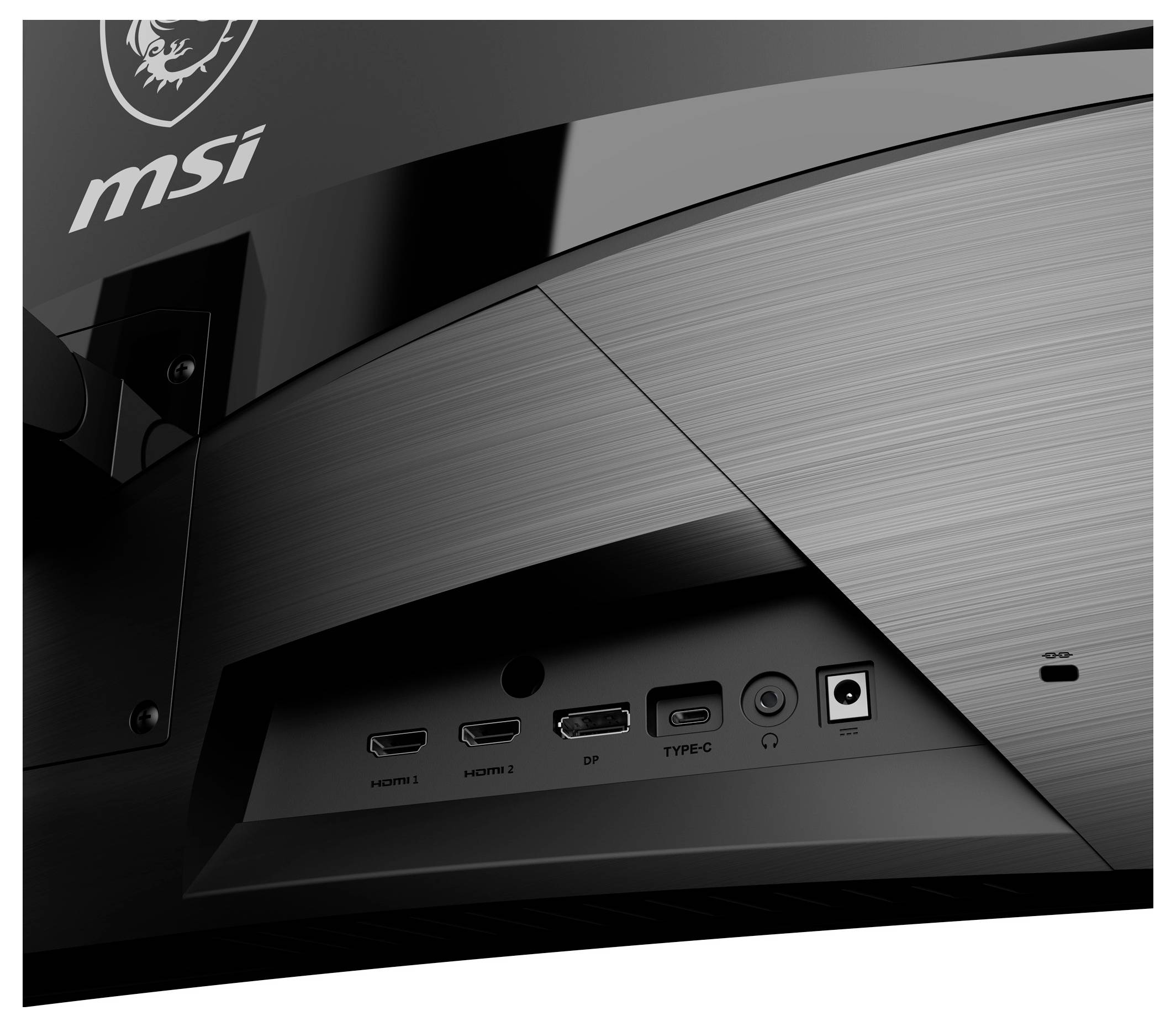 Zadní strana monitoru MSI s rozhraními HDMI, DisplayPort a USB-C, síťovým připojením a audiokonektorem.
