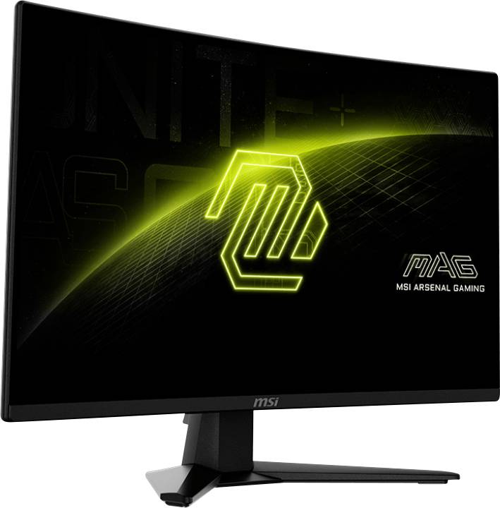 Herní monitor Kurviger s žlutým grafickým logem a nápisem 'MSI Arsenal Gaming'. Monitor je umístěn na černém stojanu.