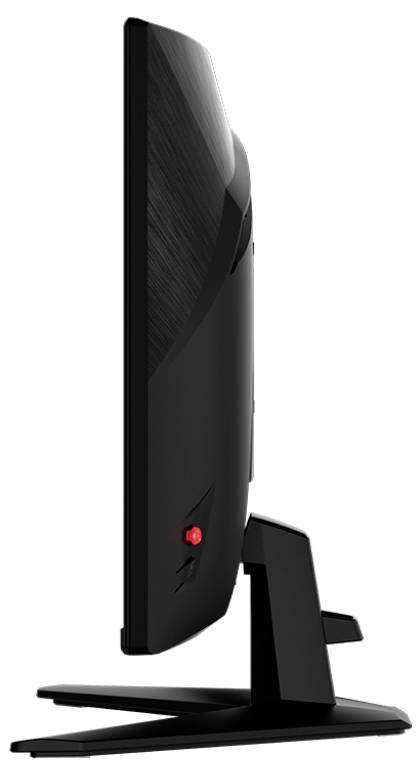 Štíhlý počítačový monitor vyfotografovaný z boku, umístěný na stabilním stojanu.
