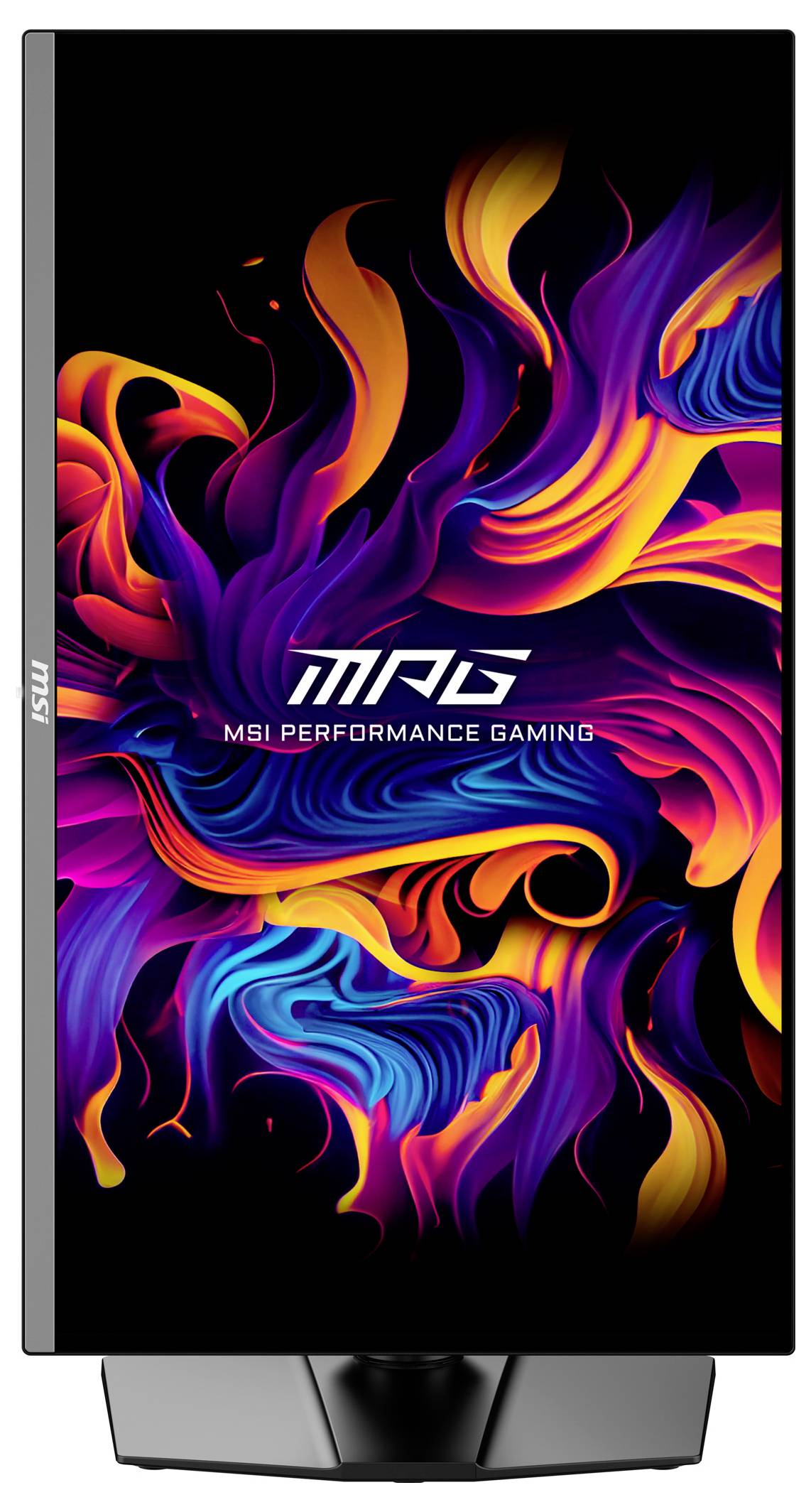 Počítačový monitor zobrazuje barevný, abstraktní vzor s nápisem 'MSI Performance Gaming' uprostřed obrazu.