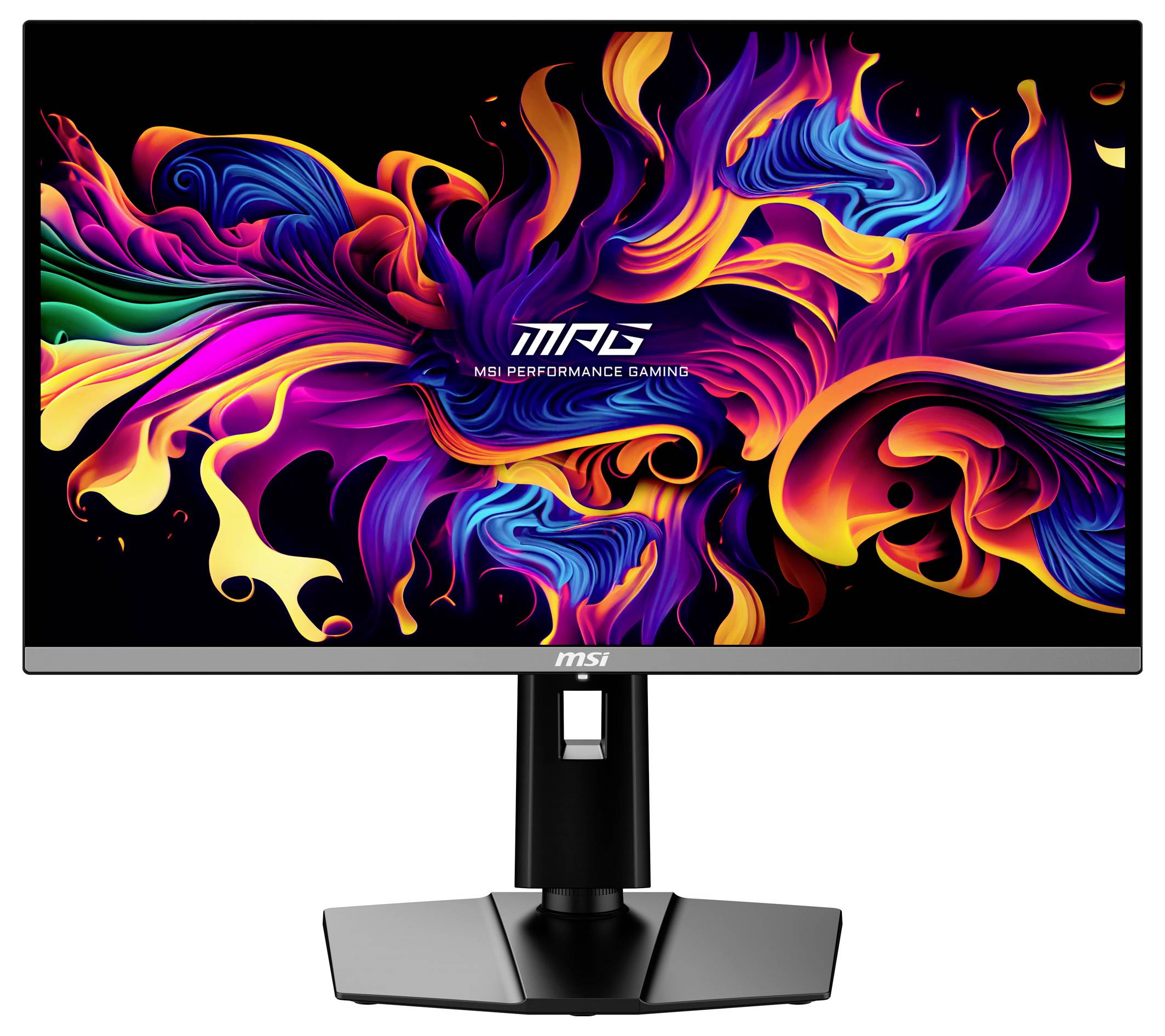 Počítačový monitor s živým, abstraktním vzorem v zářivých barvách na černém pozadí, který ilustruje techniku a design.