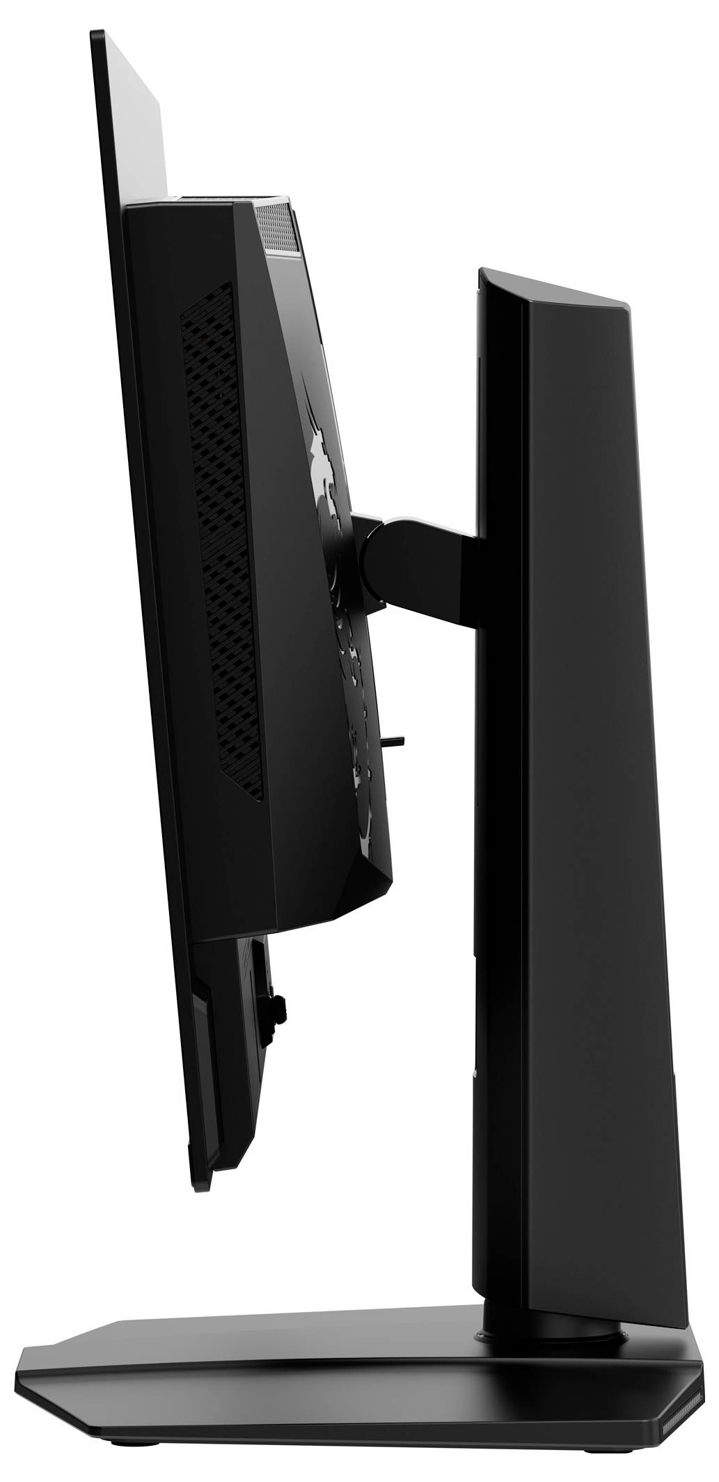 Černý počítačový monitor z bočního pohledu ukazuje štíhlý a moderní design se stabilní podstavou.