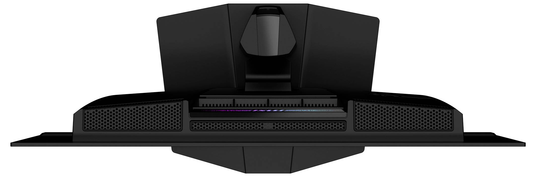 Černý herní monitor zezadu s RGB podsvícením a robustním stojanem.