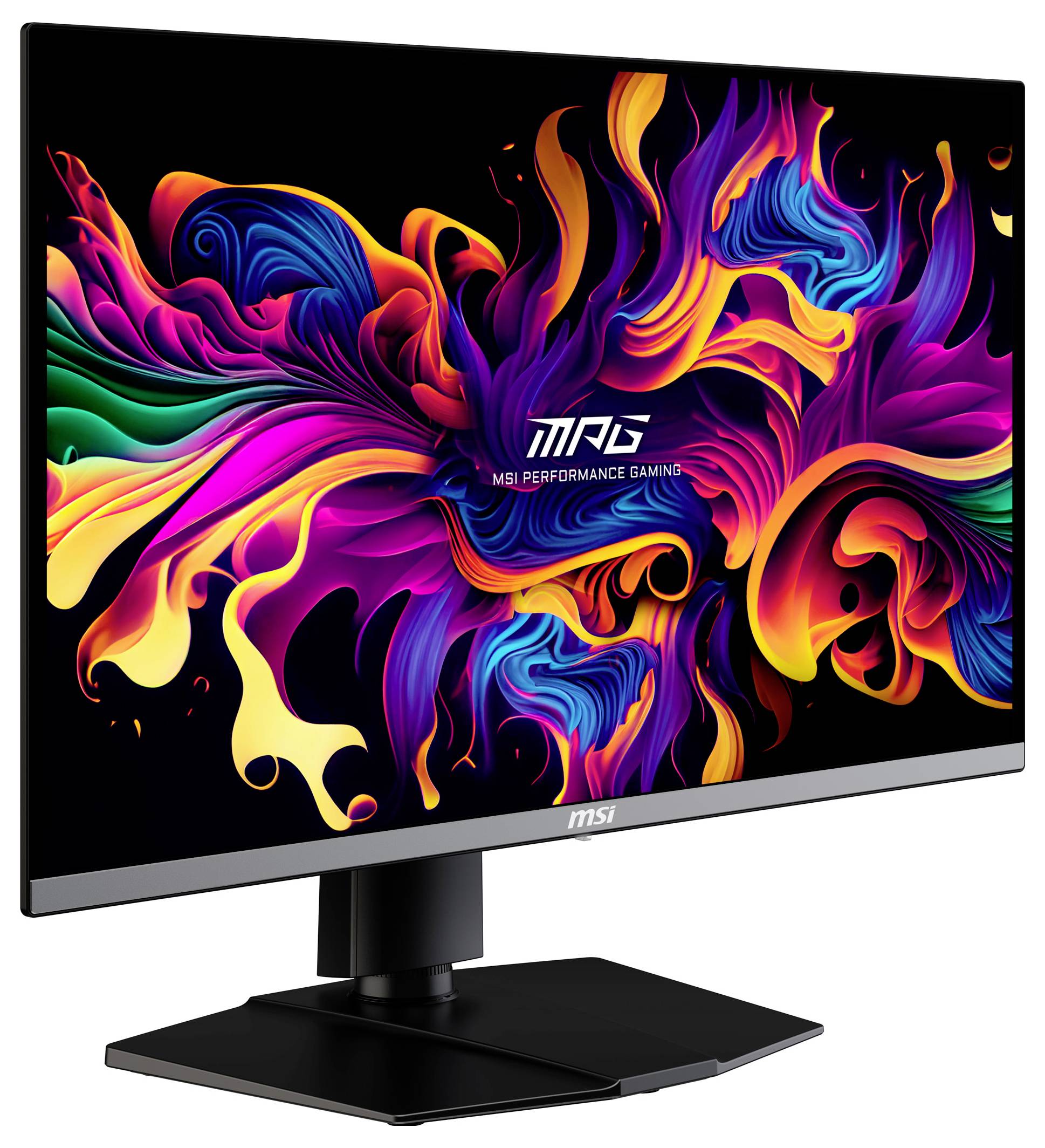 Počítačový monitor zobrazuje živý, abstraktní umělecký vzor v zářivých barvách. Nahoře je napsáno 'MAG MSI Performance Gaming'.