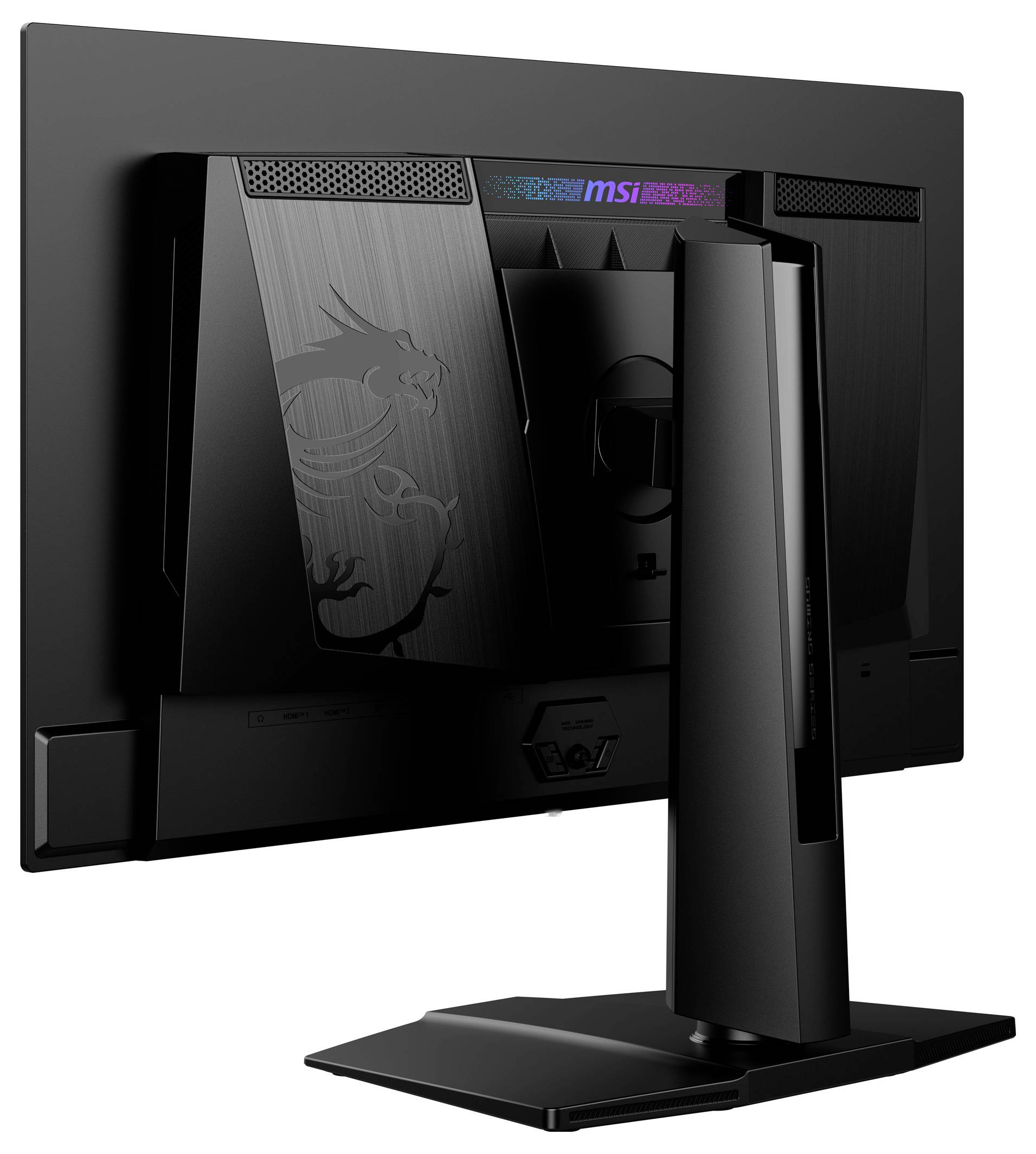 Pohled zezadu na černý počítačový monitor s RGB podsvícením a motivem draka. Firemní logo viditelné nahoře.