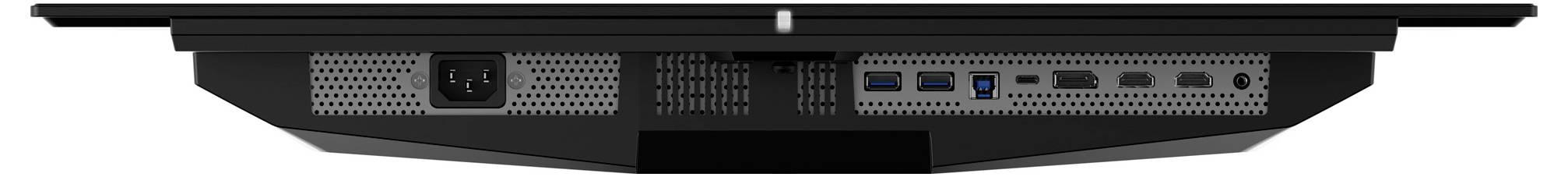 Pohled zezadu na monitor s různými konektory: HDMI, USB, Audio. Design je štíhlý a moderní.