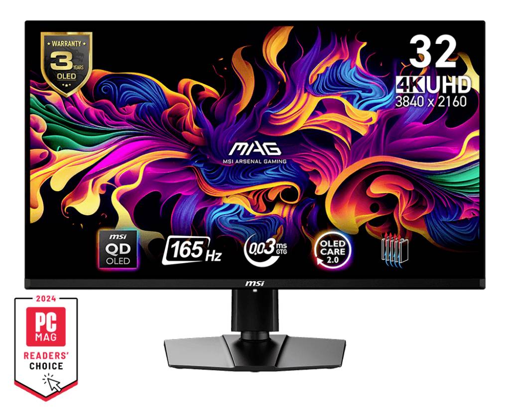 32palcový 4K UHD herní monitor s barevným designem pozadí. Podporuje 165 Hz, OLED panel a je držitelem ocenění PC Mag Readers' Choice 2024.