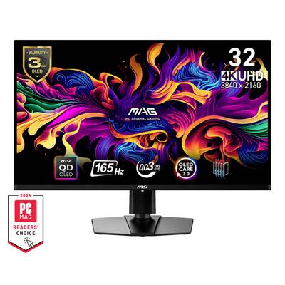 32palcový 4K UHD herní monitor s barevným designem pozadí. Podporuje 165 Hz, OLED panel a je držitelem ocenění PC Mag Readers' Choice 2024.