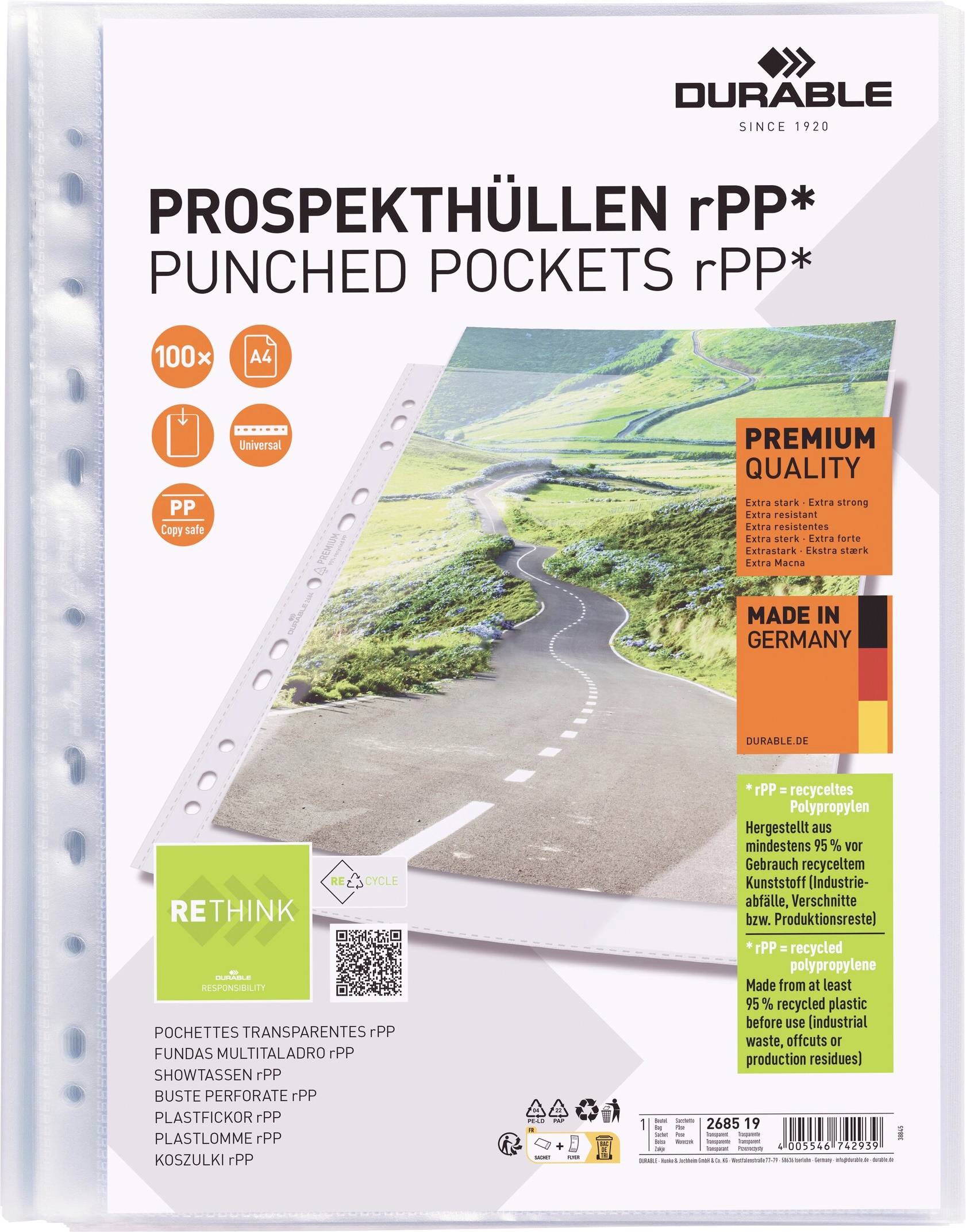 Průhledné obaly na dokumenty z recyklovaného polypropylenu, 100 kusů v balení, prémiová kvalita, vyrobeno v Německu.