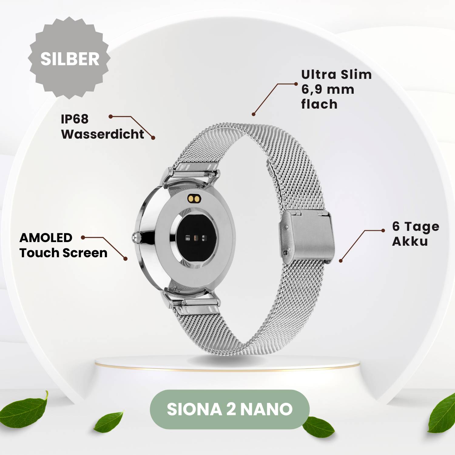 Stříbrné chytré hodinky Siona 2 Nano s AMOLED dotykovým displejem, vodotěsné s krytím IP68, tenké 6,9 mm, výdrž baterie 6 dní.