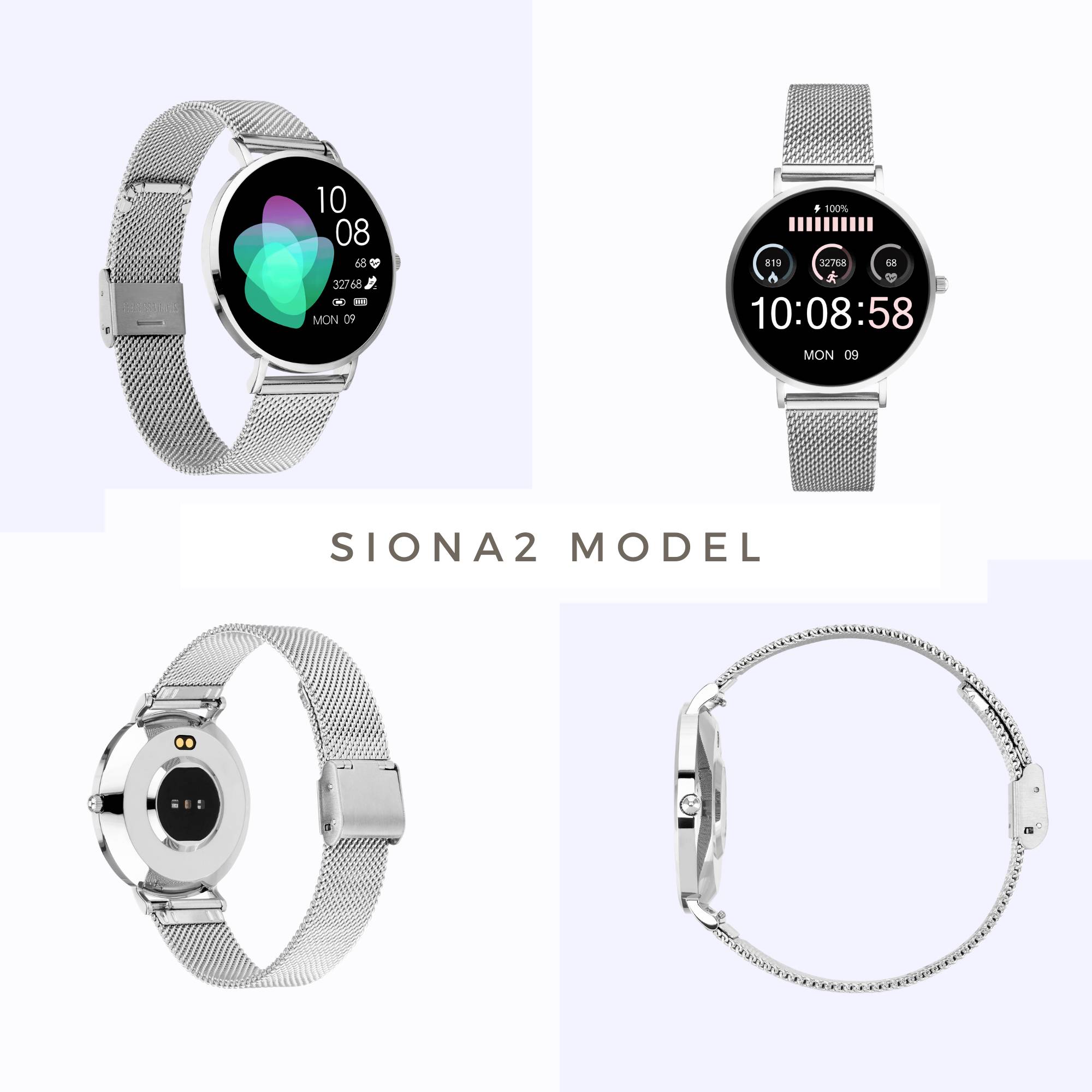 Model 'Siona2' hodinky s kulatým ciferníkem, stříbrným pouzdrem a síťovaným řemínkem. Zobrazuje čas, datum a tepovou frekvenci.