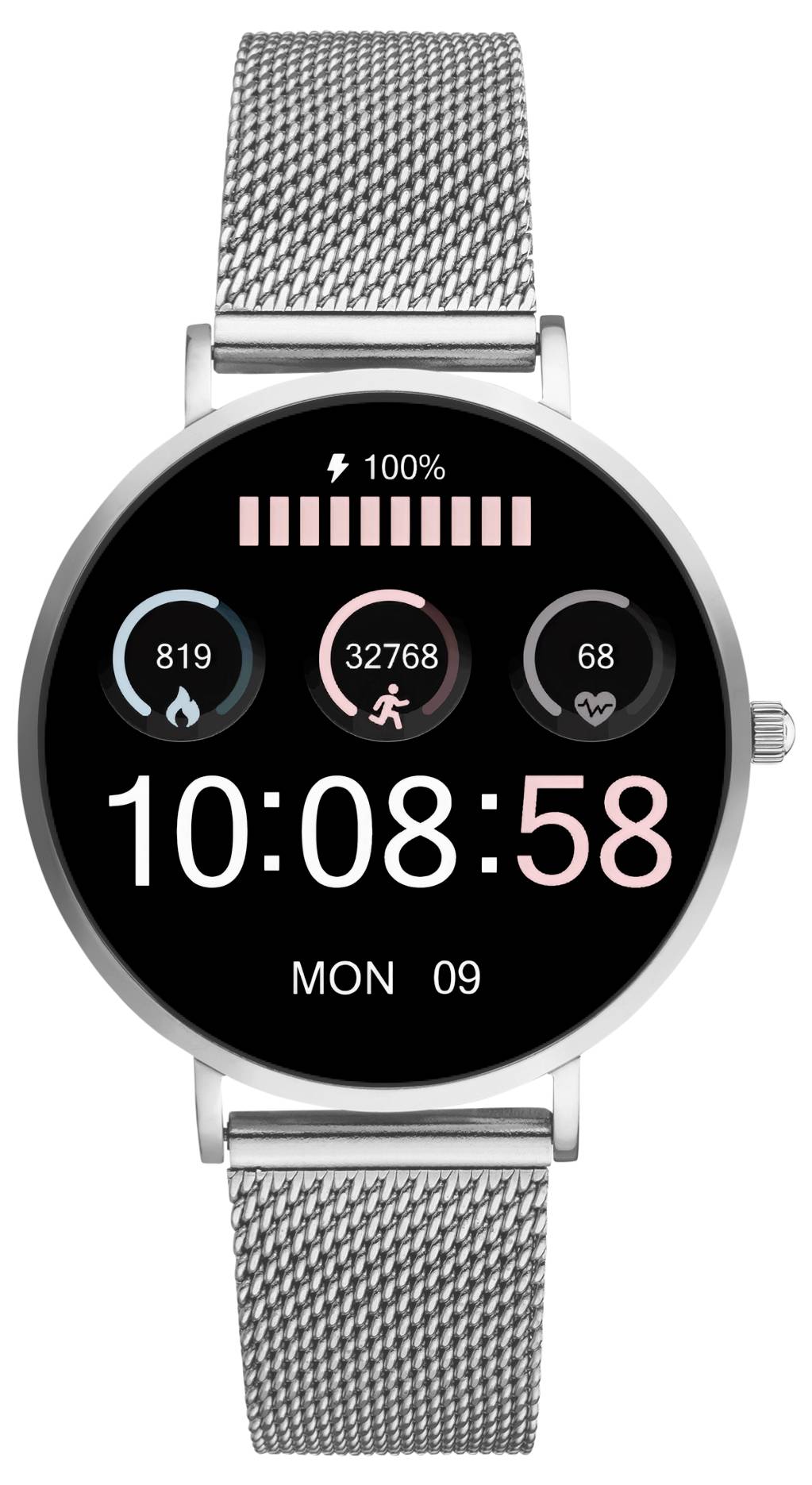 Chytré hodinky s kovovým páskem zobrazují fitness data, jako jsou počet kroků, tepová frekvence a spálené kalorie, na digitálním displeji pod údajem času.