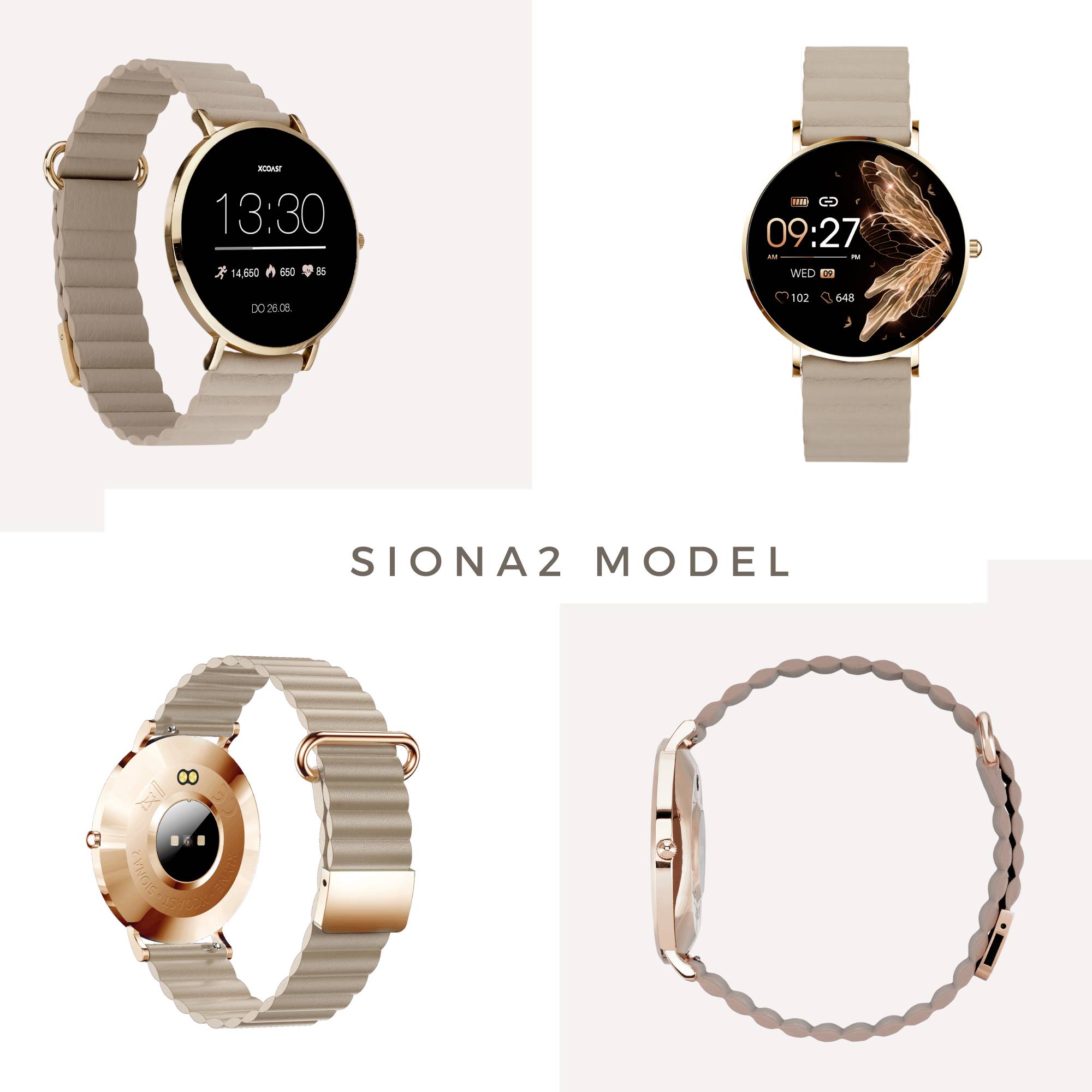 Čtyři pohledy na elegantní, moderní chytré hodinky (model Siona2) s kulatým displejem a zlatými akcenty.