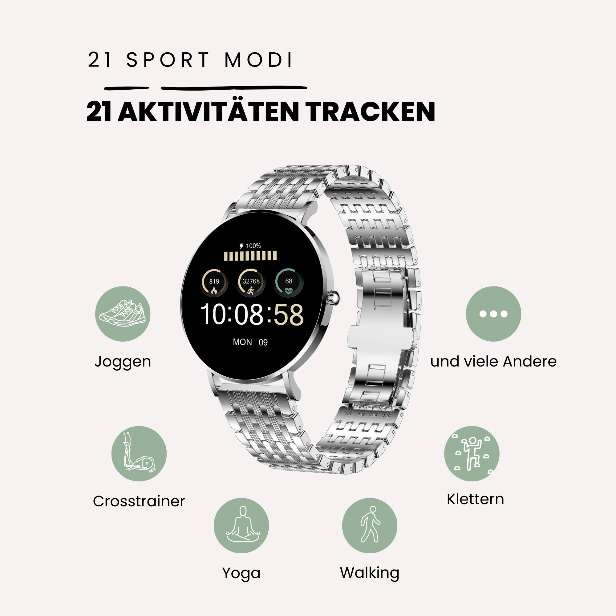 Stříbrné chytré hodinky ukazují čas 10:08. Text: '21 sportovních módů', '21 aktivit ke sledování'. Symboly pro běh, eliptický trenažér, jógu, chůzi, lezení.