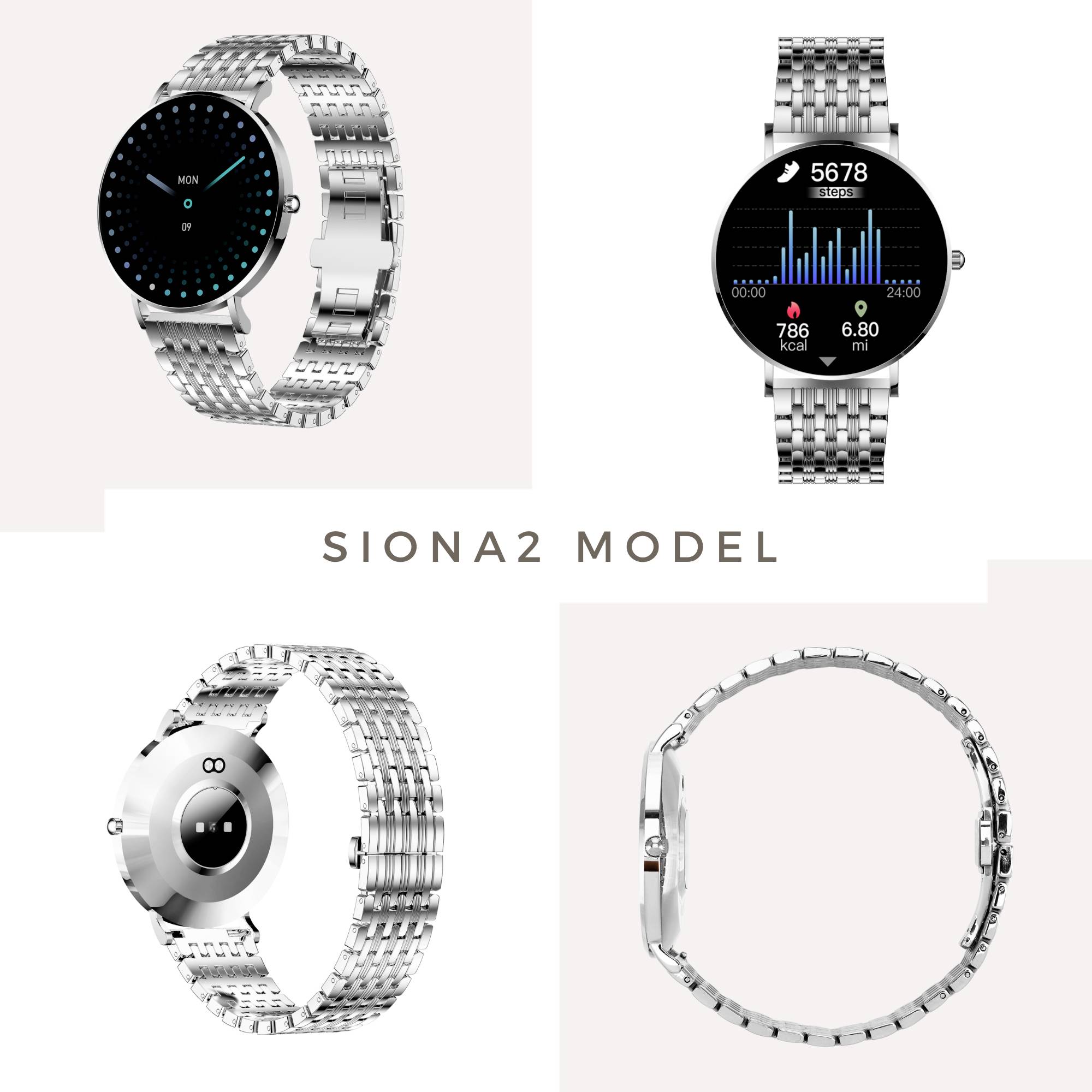 Čtyři pohledy na stříbrné chytré hodinky nazvané 'SIONA2 Model'. Displeje zobrazují datum, počet kroků, spálené kalorie a pohled zezadu.