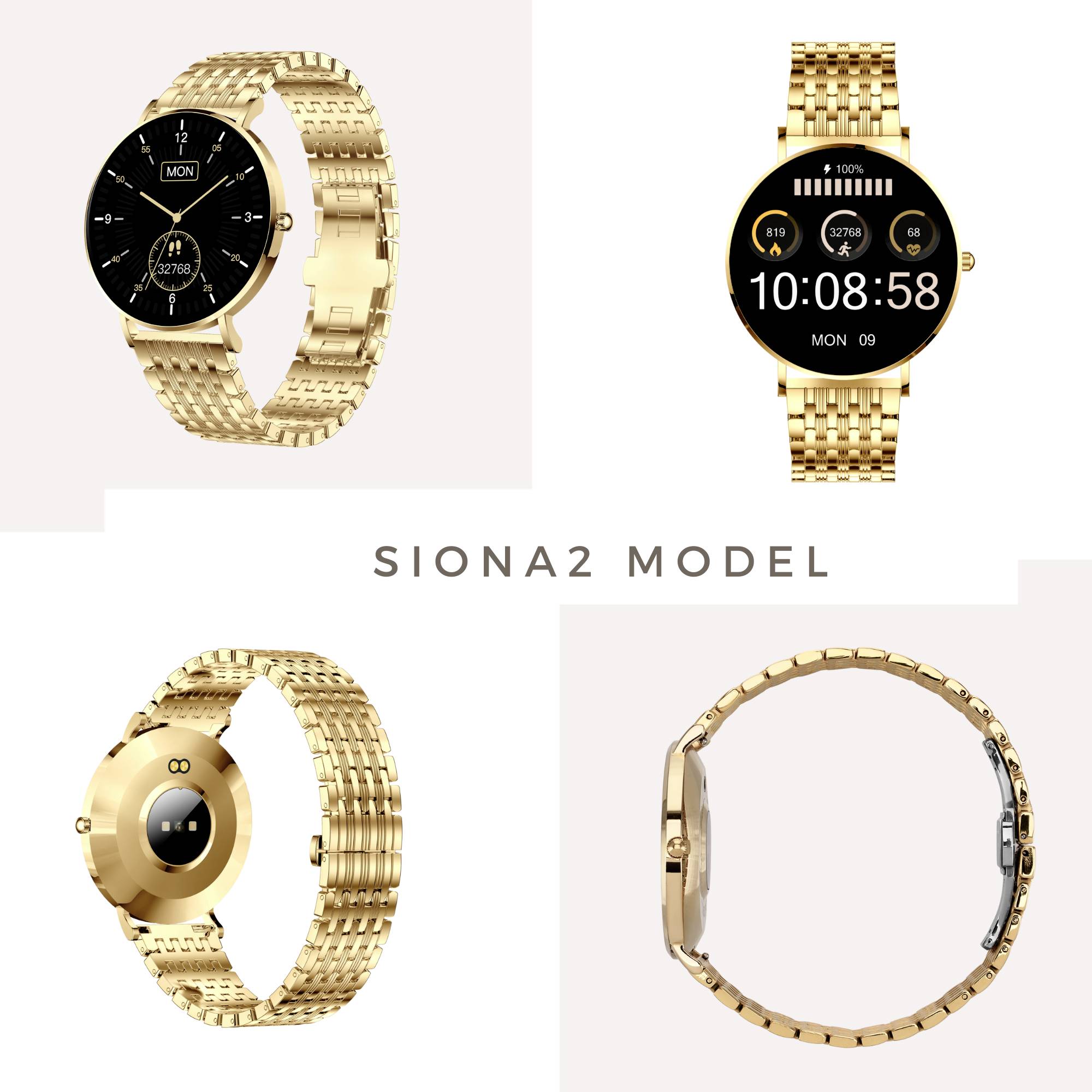Zlaté chytré hodinky s kulatým ciferníkem, digitálním displejem a pohledem z boku. Model 'Siona2'. Zobrazeno z různých úhlů.