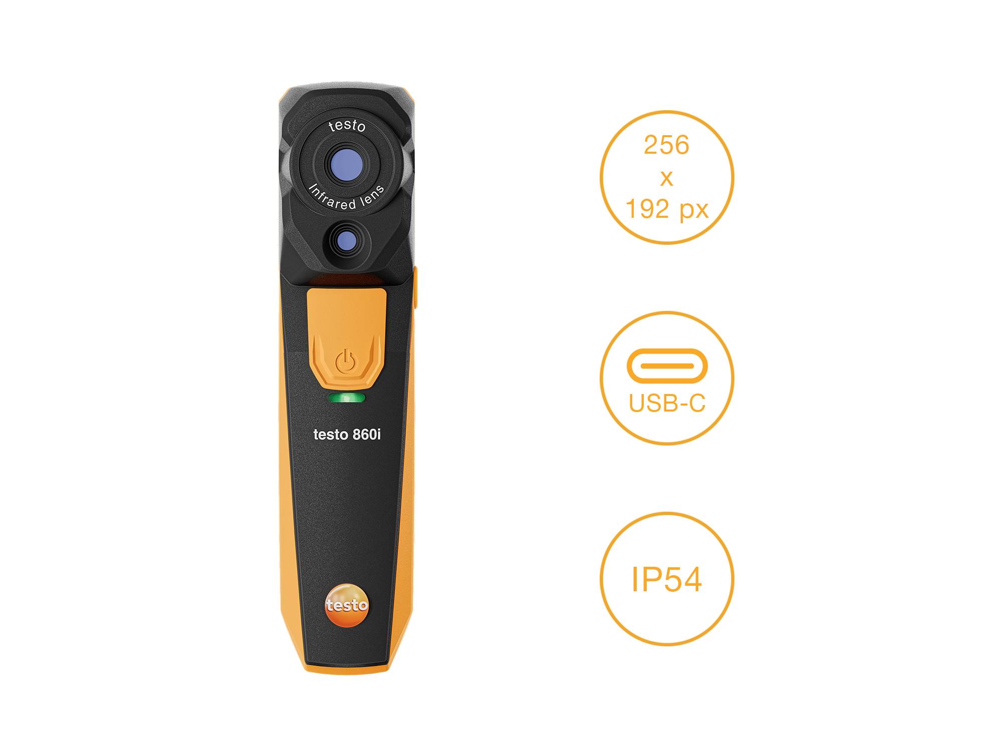 Infračervený teploměr v černo-oranžové barvě 'testo 865i' s připojením USB-C a třídou krytí IP54. Rozlišení: 256 x 192 pixelů.
