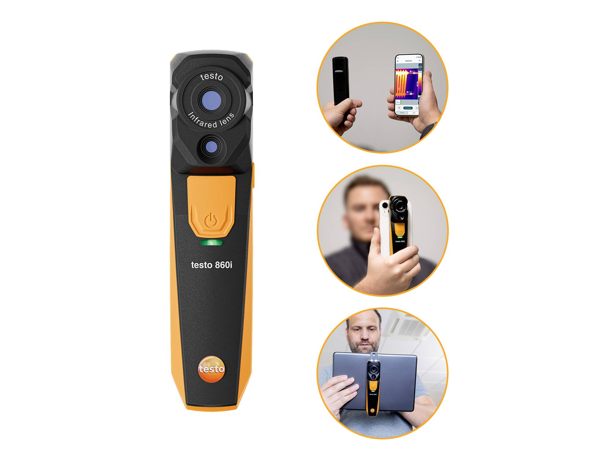 Ruční skener s fotoaparátem zobrazuje tlačítka pro měření teploty. Malé kruhy ukazují kroky pro použití se smartphonem a tabletem.
