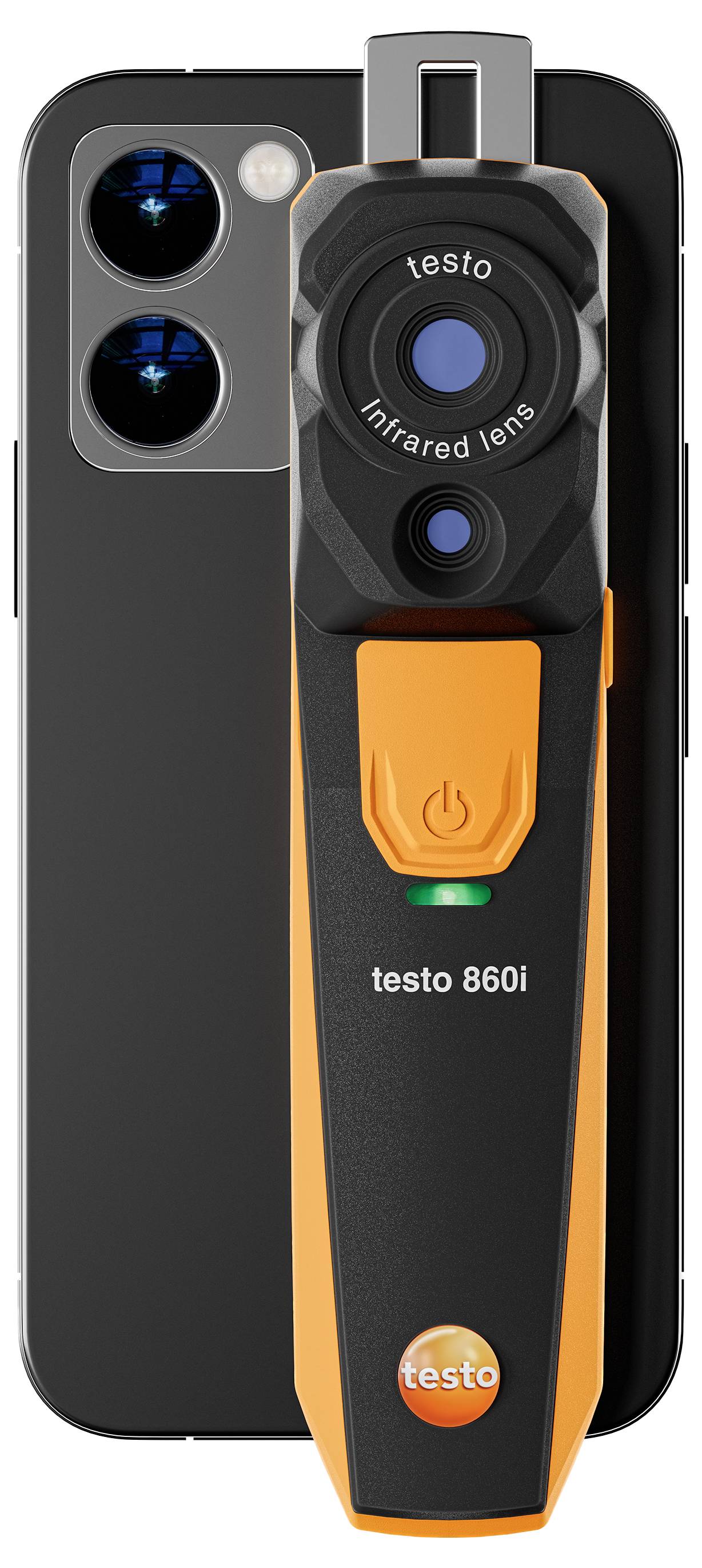 Mobilní infračervený teploměr, model testo 860i, s držákem na smartphone, ukazuje měřicí přístroj s designovými prvky v oranžové a černé barvě.