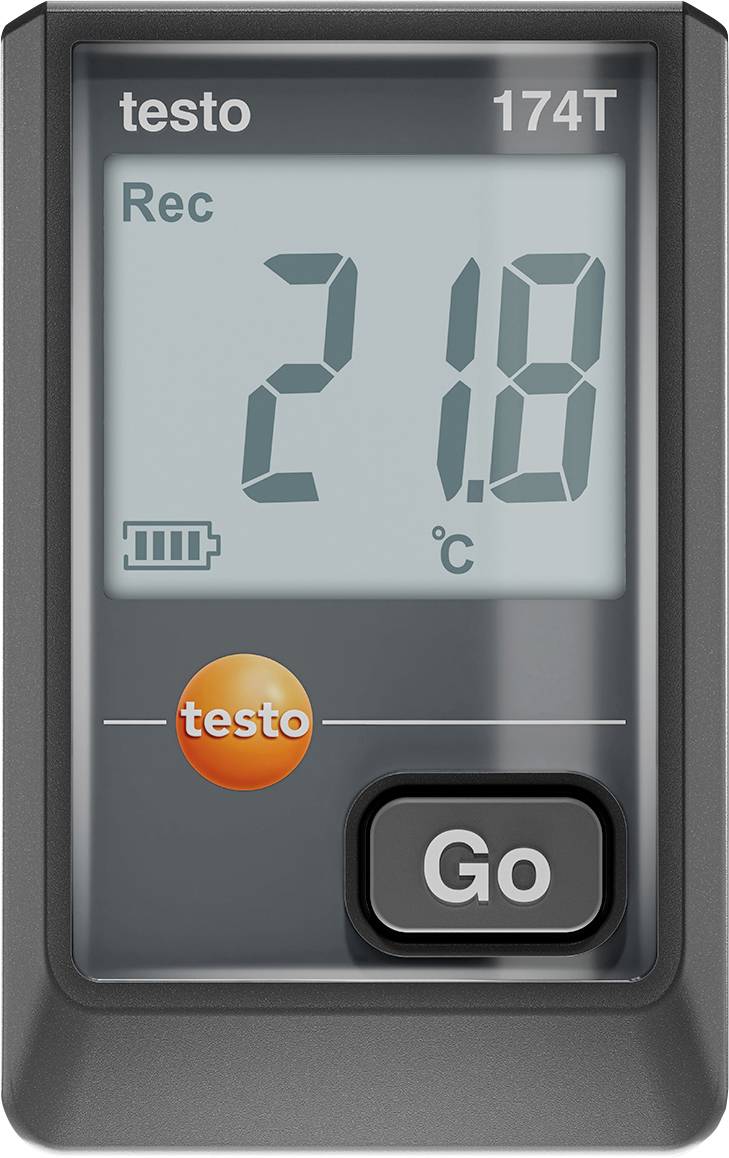 Digitální teploměr s displejem '21,8°C', indikátorem baterie a tlačítky 'Testo' a 'Go'.