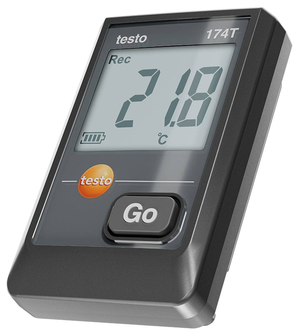 Teplotní datalogger s displejem zobrazuje '27,9 °C'. Tlačítko s nápisem 'Go' pro ovládání.