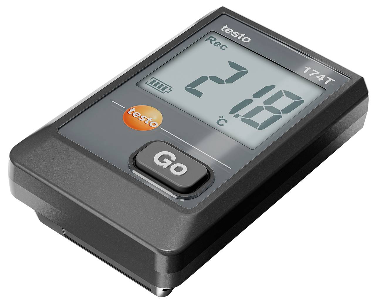 Teplotní datalogger s displejem zobrazuje měřenou hodnotu '21,8 °C' a stav baterie. Velké tlačítko 'Go' pro ovládání funkce.
