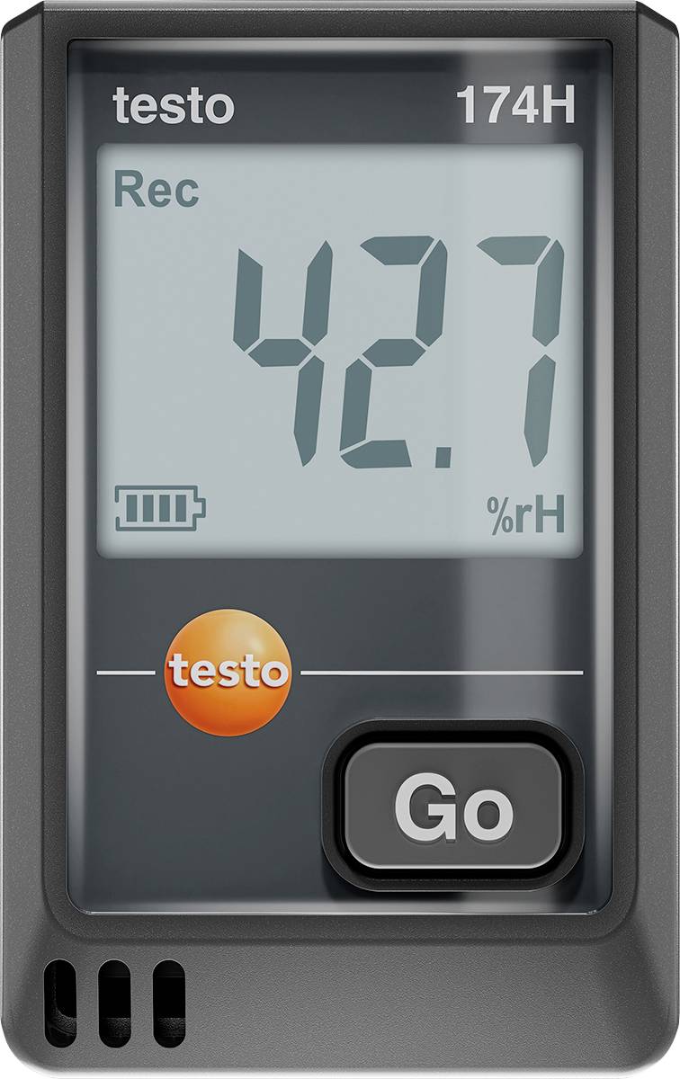 Datalogger s displejem zobrazuje '42,7 % rH' pro vlhkost vzduchu. Vlevo je viditelný symbol stavu baterie.