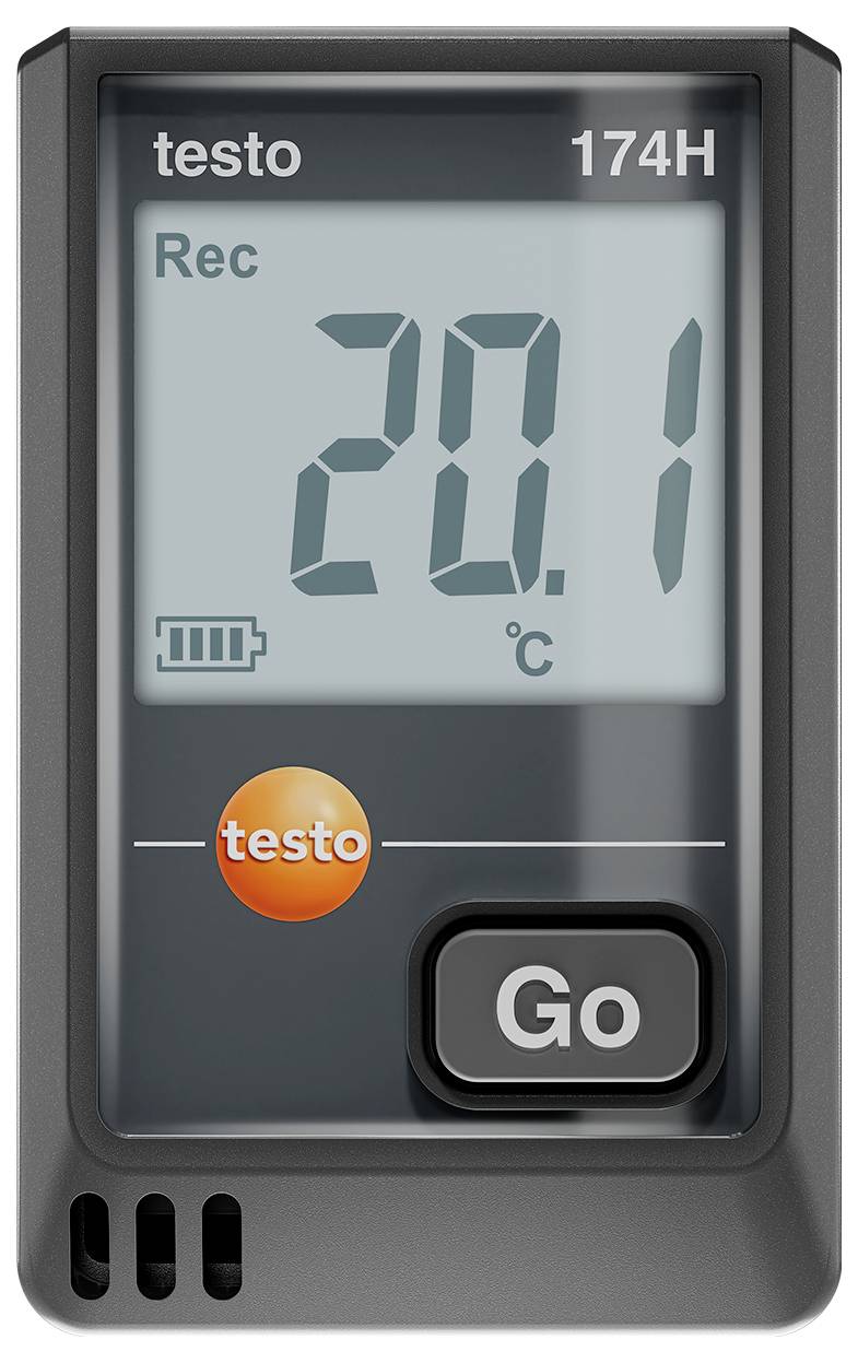 Teplotní datalogger zobrazuje '20,1 °C' na displeji. Tlačítko s nápisem 'Go'. Malý symbol baterie. Model: Testo 174H.