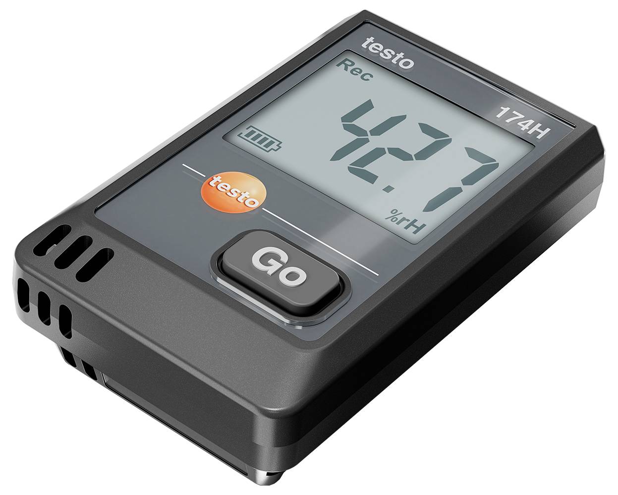 Elektronický měřicí přístroj pro sledování vlhkosti vzduchu; displej zobrazuje '427 % rH'. Viditelná tlačítka pro záznam a ovládání.