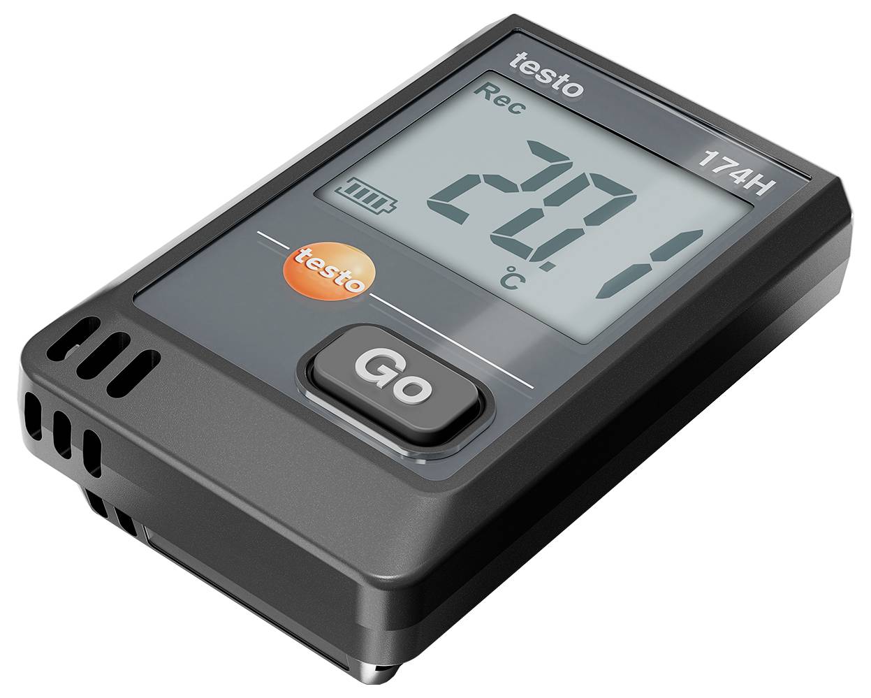 Digitální teplotní a vlhkostní datalogger. Na displeji zobrazuje '20,7 °C'. Ovládací tlačítka jsou viditelná.