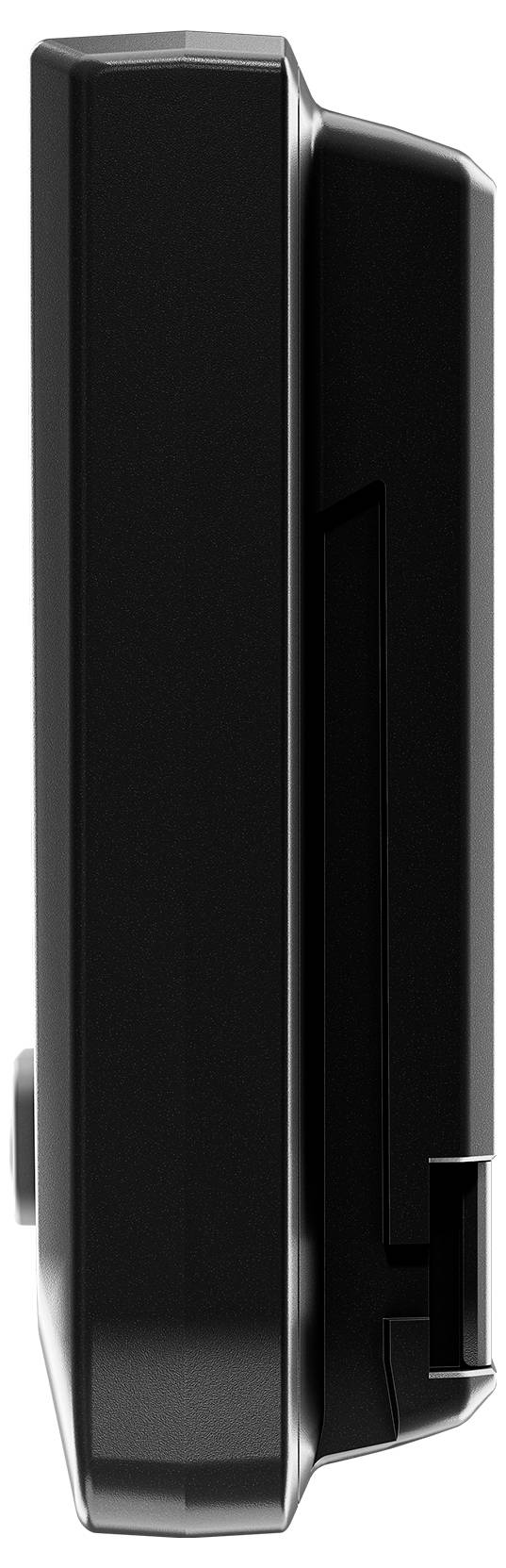 Černé zařízení, pohled z boku, s obdélníkovým tvarem a hladkými hranami. Důraz na design a materiál.