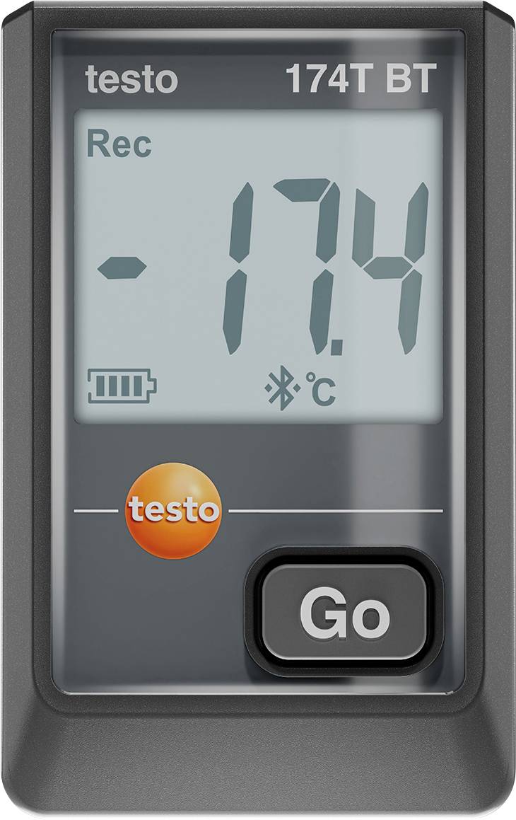 Digitální teplotní datalogger zobrazuje '-17,4°C', indikátor stavu baterie, symbol pro Bluetooth připojení a tlačítko 'Go'.