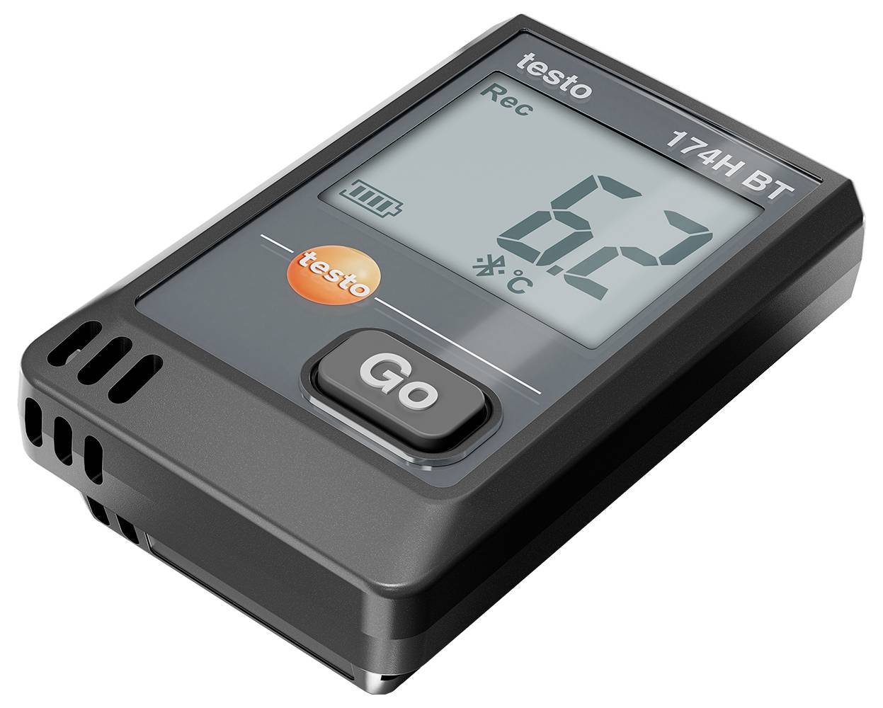 Digitální teploměr s displejem zobrazuje '62°C'. Vlevo nahoře jsou slova 'testo' a 'Rec'. Velké tlačítko 'GO' je viditelné dole.